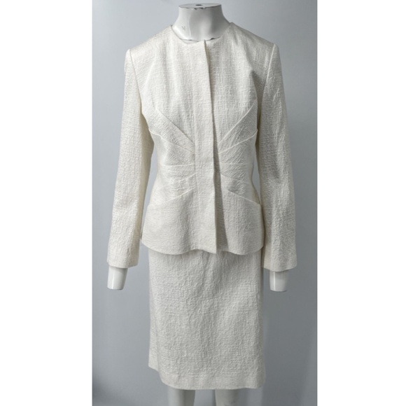 Oscar De La Renta R12 White Ruched Cotton/Silk Skirt Suit Set sz 12 NWT - Picture 1 of 5